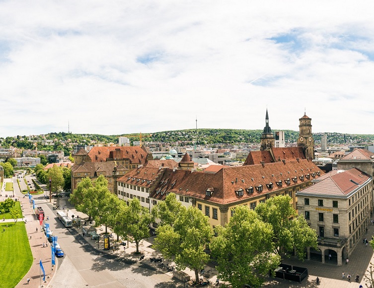 A panoramic view of the Koenigstrasse and Schlossplatz in Stuttgart's center, taken from a height of about 30m using a firetruck ladder.